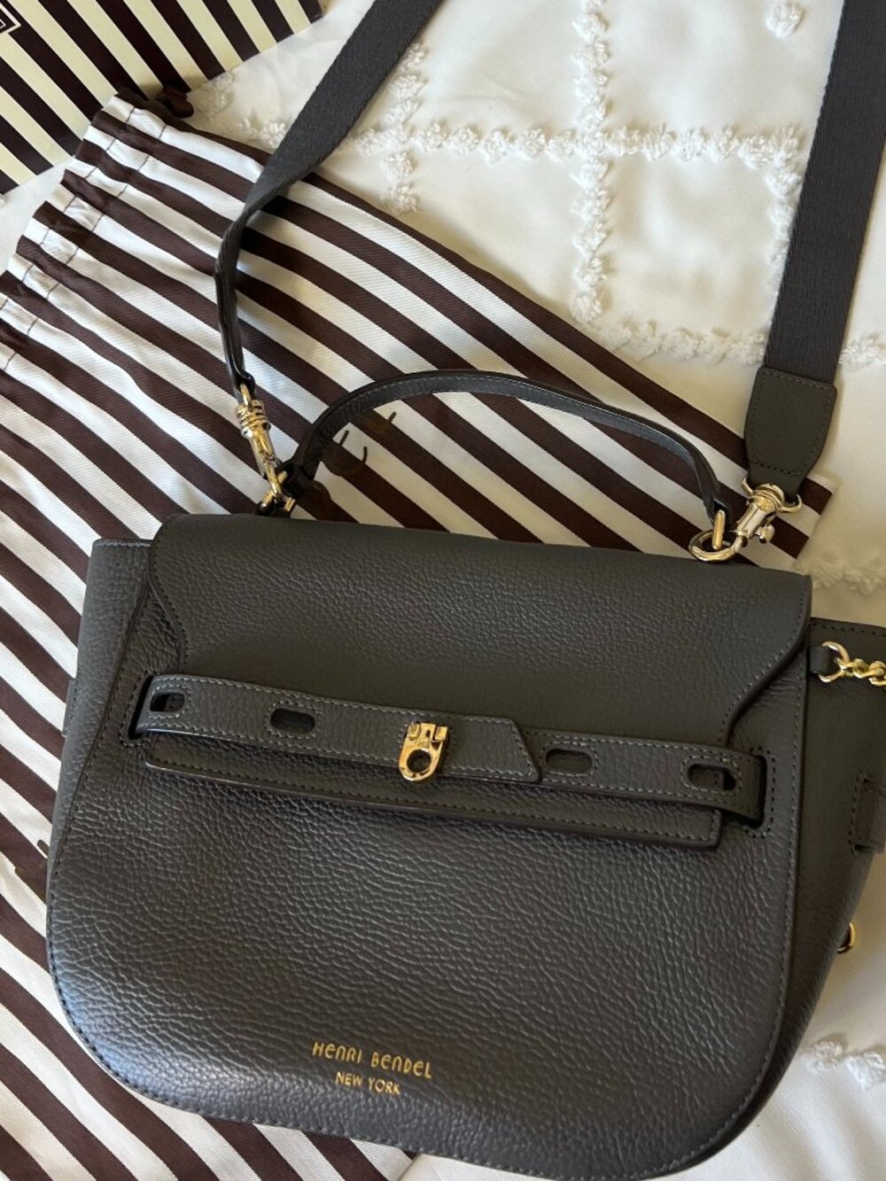 NWT Henri Bendel Uptown Satchel Gray Pebbled Leather Convertible Crossbody